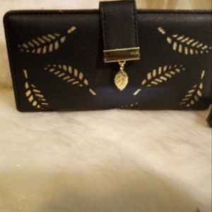 Phone Wallet Black with Gold Metallic Leaf Pattern Like New